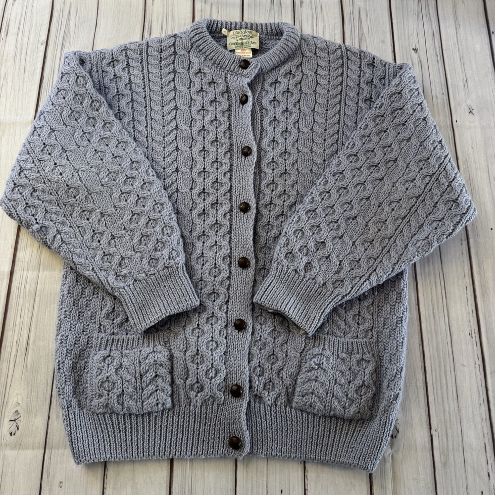 Cladyknit Irish Aran Wool Cardigan Cable Knit Blue‎ Button Front Medium Women's